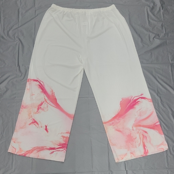 White Palazzo Pants with Pink Marble Design Wide Leg High Rise Bohemian Artsy - Picture 9 of 12